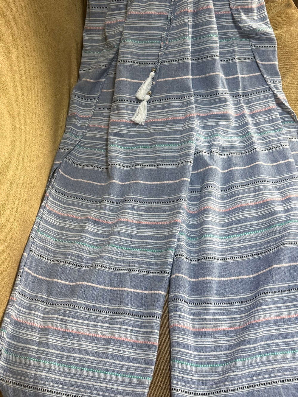 Striped Blue Wide-Leg Jumpsuit with Tassel Tie